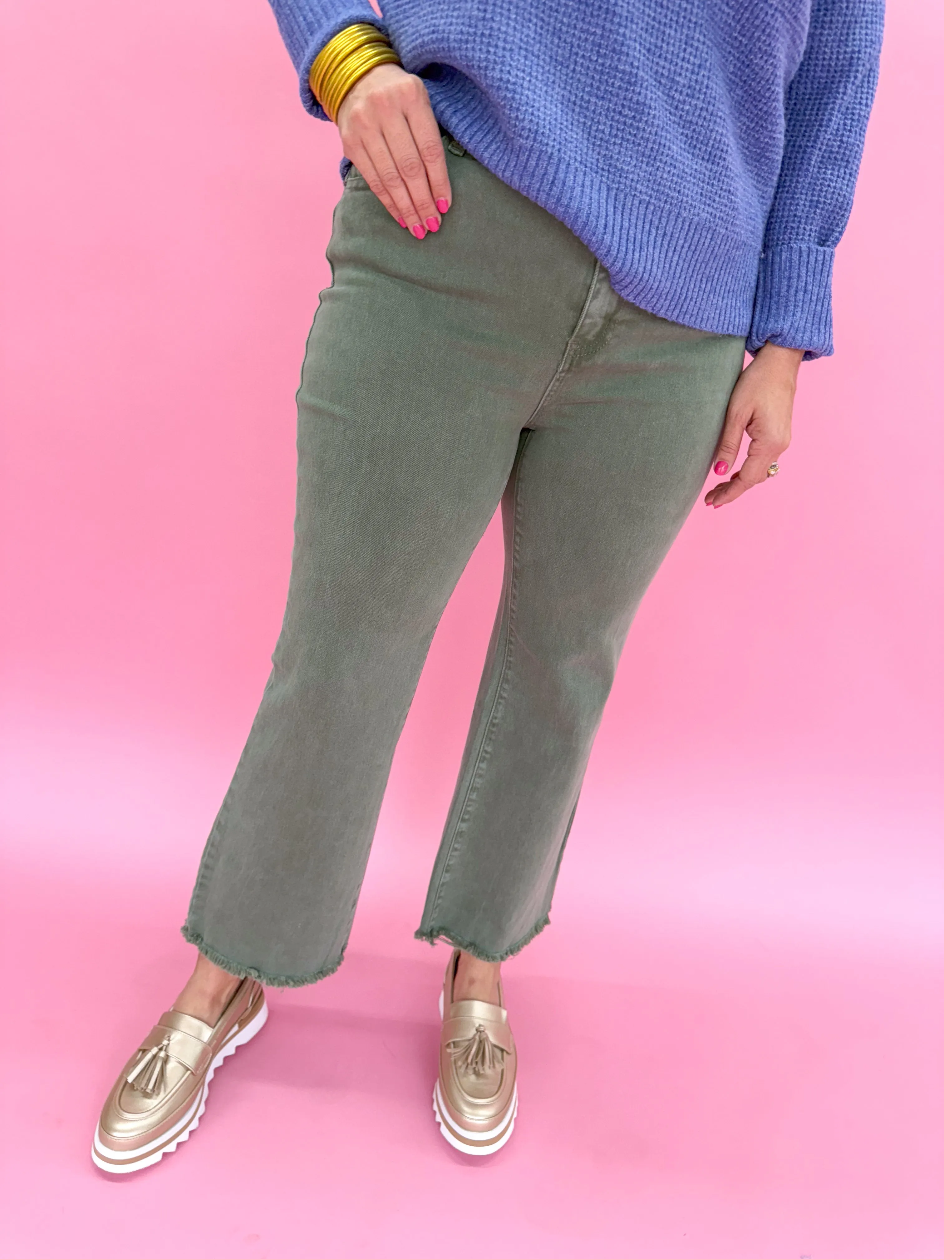 Acid Wash Crop Straight Pant - Olive