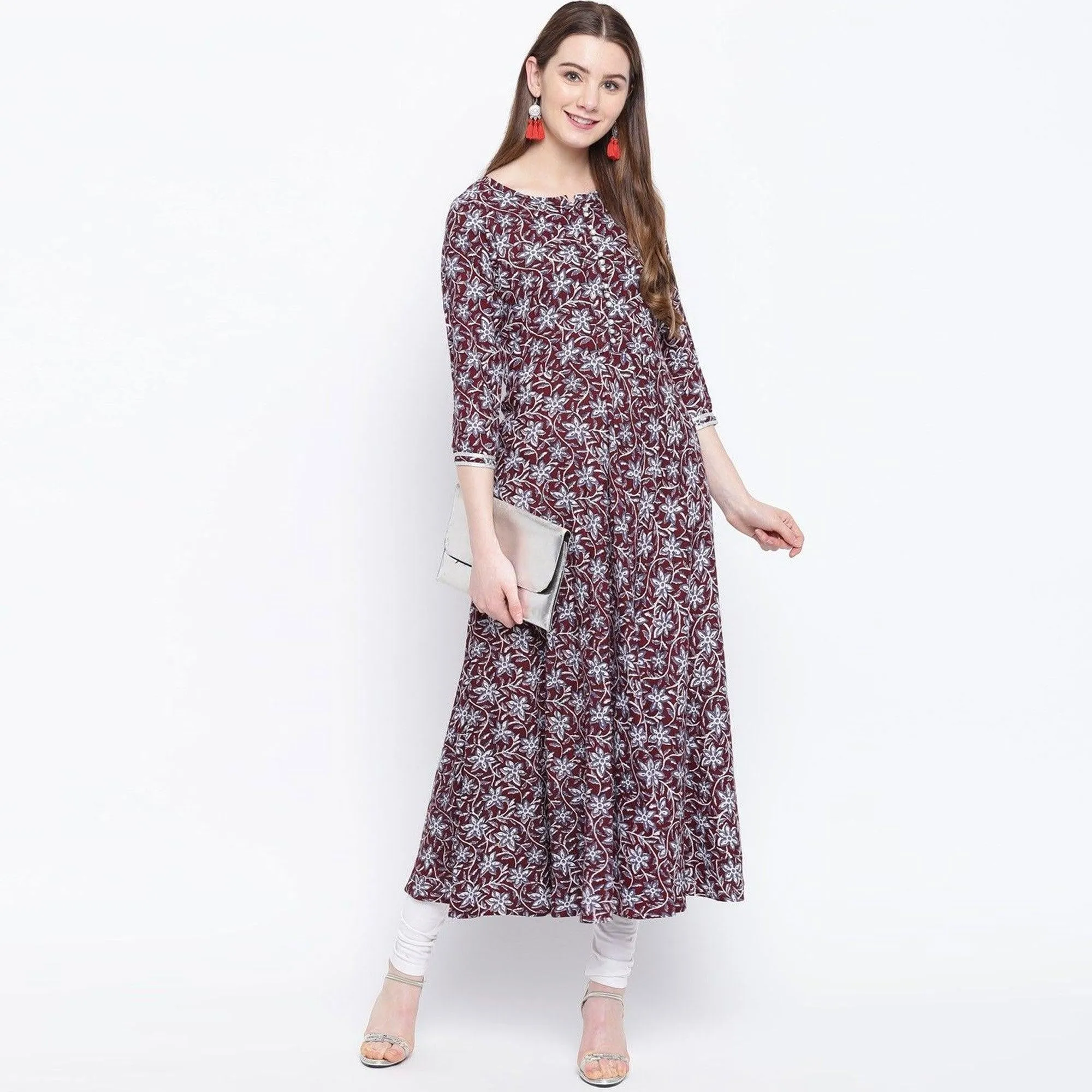 Adorable Maroon Colored Casual Wear Printed Rayon Long Kurti