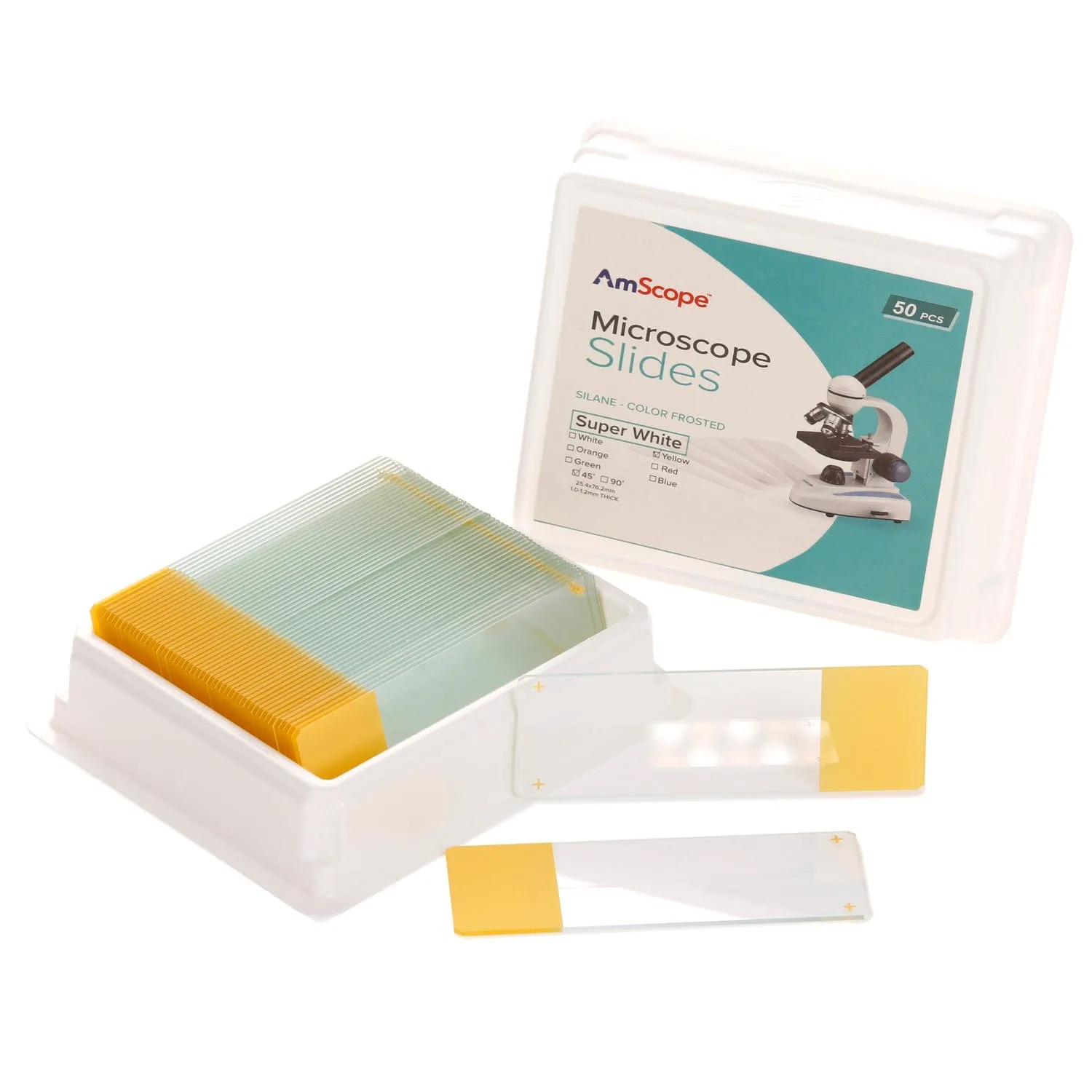 AmScope 50pc Blank Silane Slides with Single Frosted, Yellow-Coated Side