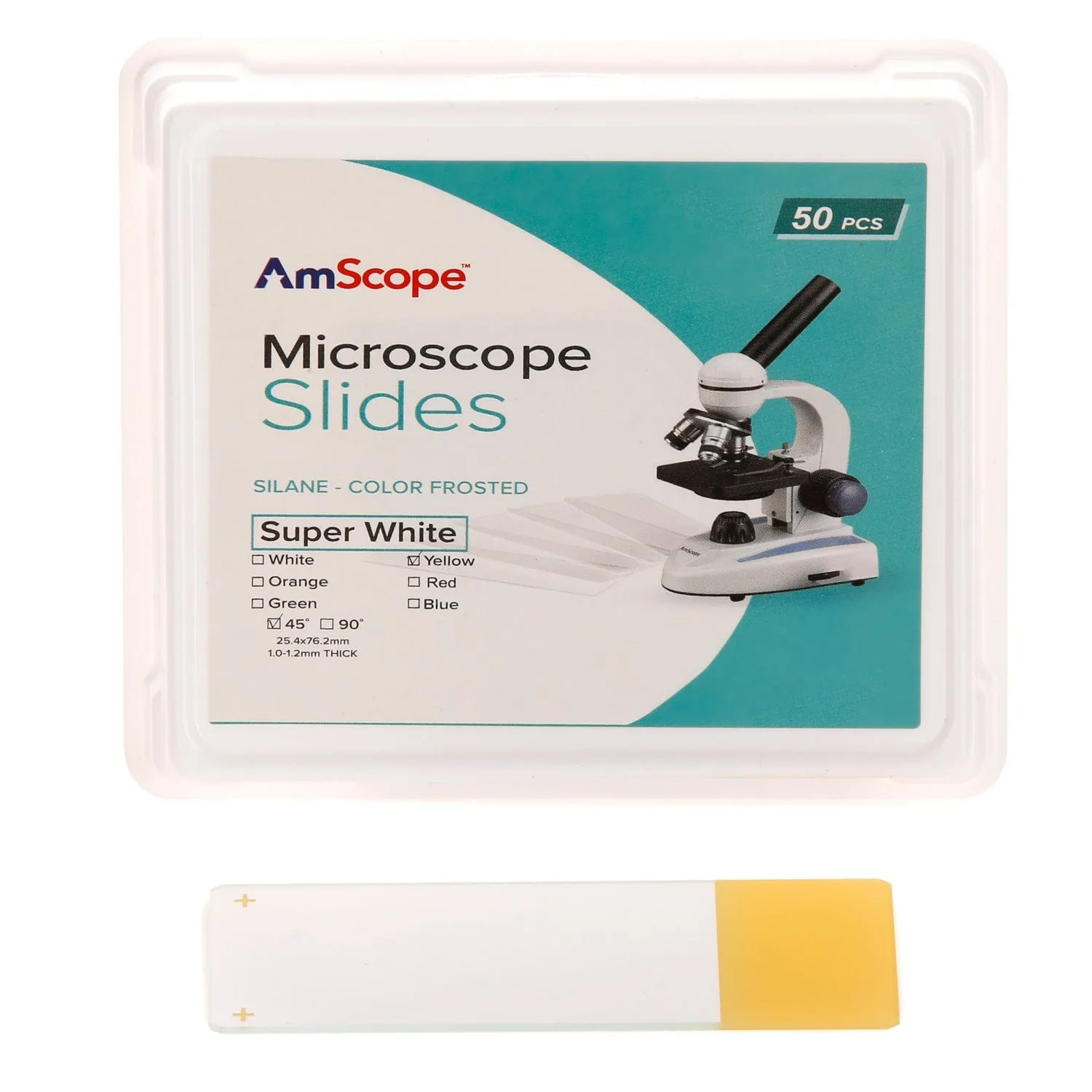 AmScope 50pc Blank Silane Slides with Single Frosted, Yellow-Coated Side