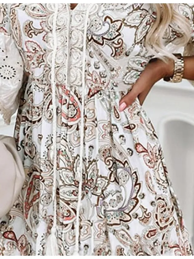 Casual Dress Ethnic Dress Summer Dress Mini Dress White 3/4 Length Sleeve Floral Lace Summer Spring V Neck Fashion Vacation Loose Fit  S M L XL XXL 3XL for Women