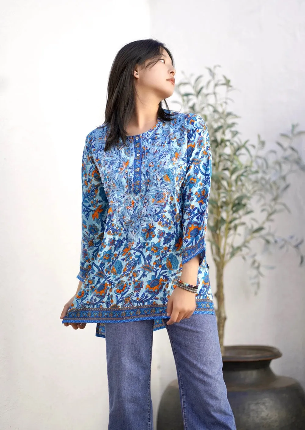 Dolma Embroidered Silk Tunic Top Blue Multi