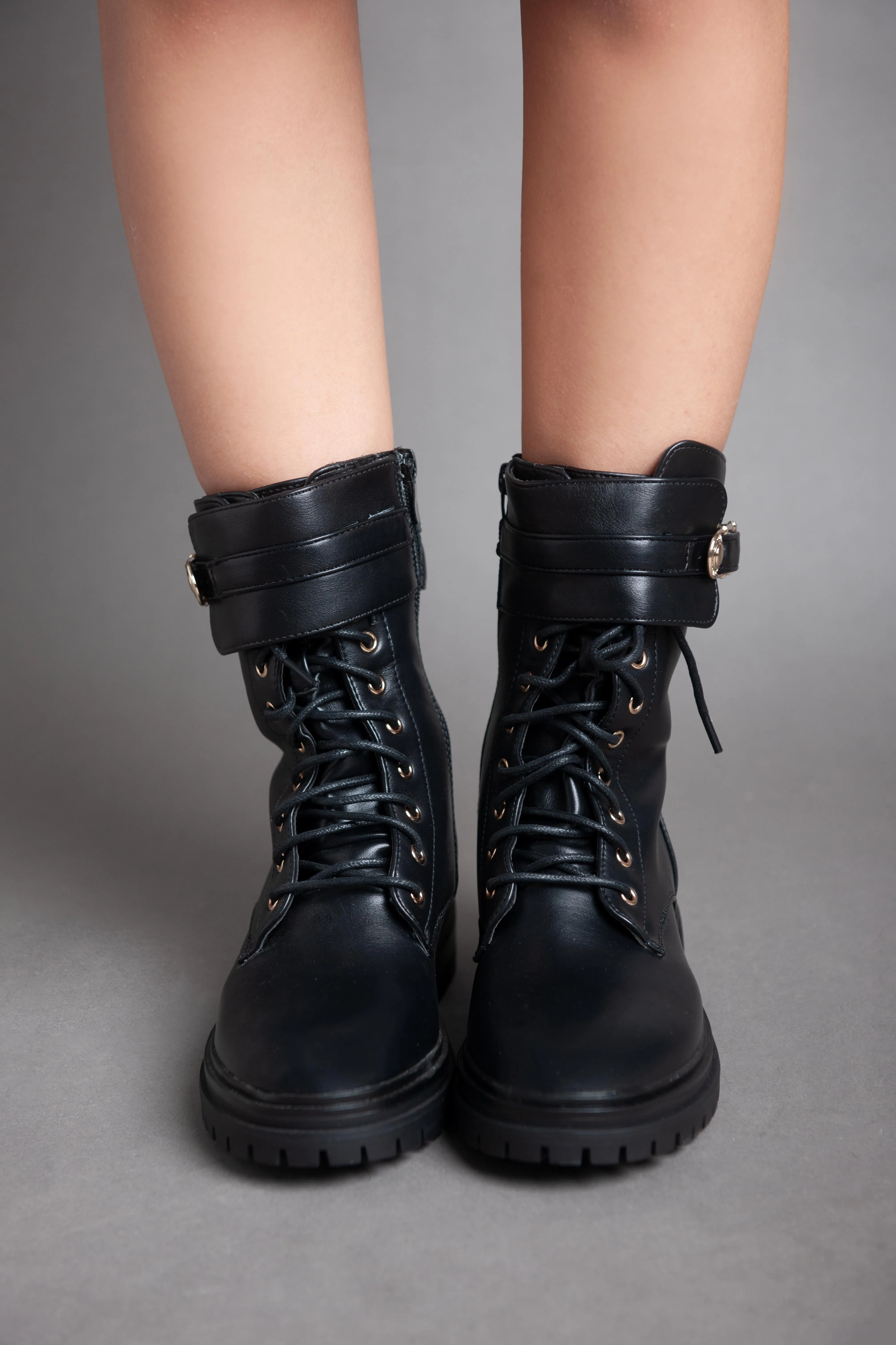 Golden Pin Lace Half Boot - Black