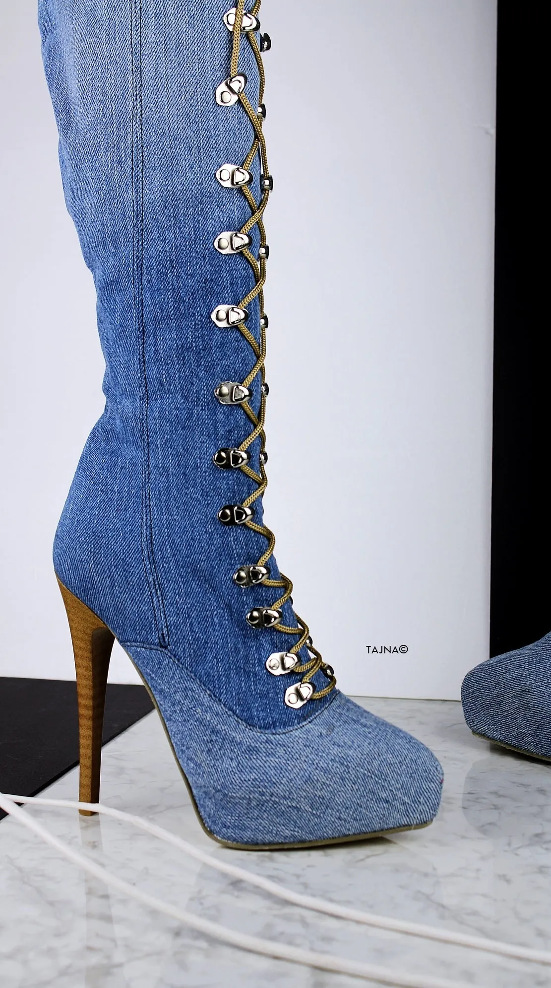 Jean Denim Pointy Toe Military Style Long Boots