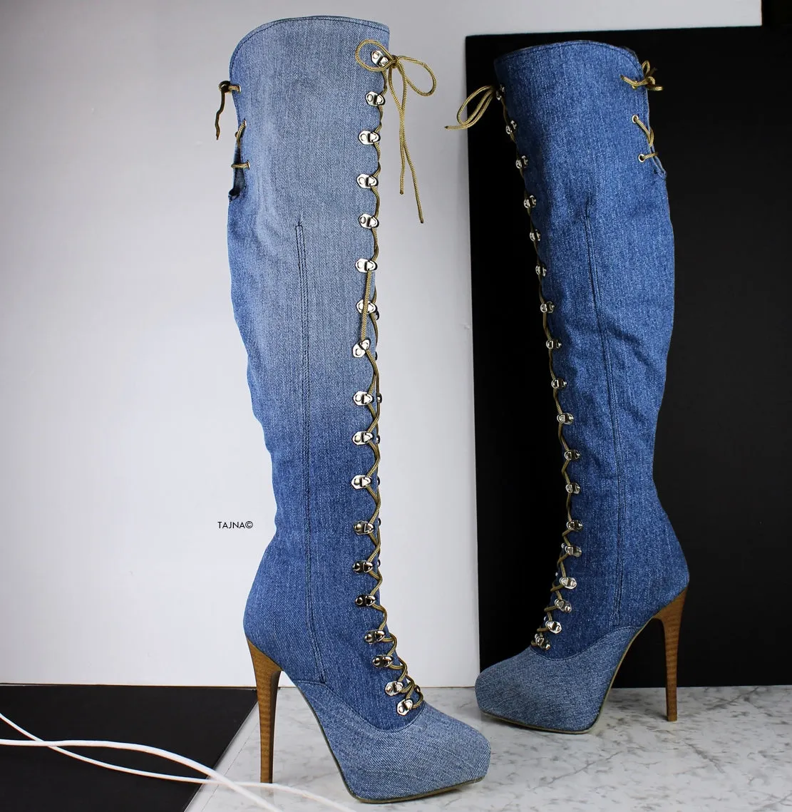 Jean Denim Pointy Toe Military Style Long Boots