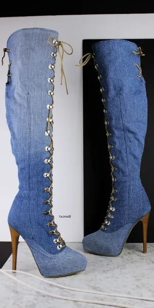 Jean Denim Pointy Toe Military Style Long Boots