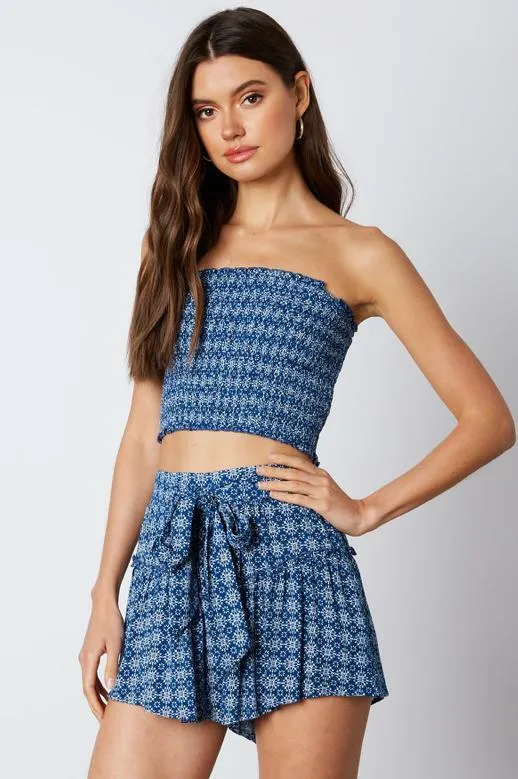 Mykonos Blue Print Cropped Two-Piece Skort Set