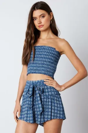 Mykonos Blue Print Cropped Two-Piece Skort Set