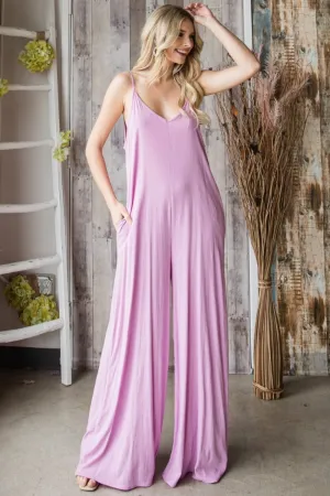 Pink Wide Leg Jumpsuit Boho Style Pocketed Spaghetti Strap V-Neck Sleeveless Pants Romper