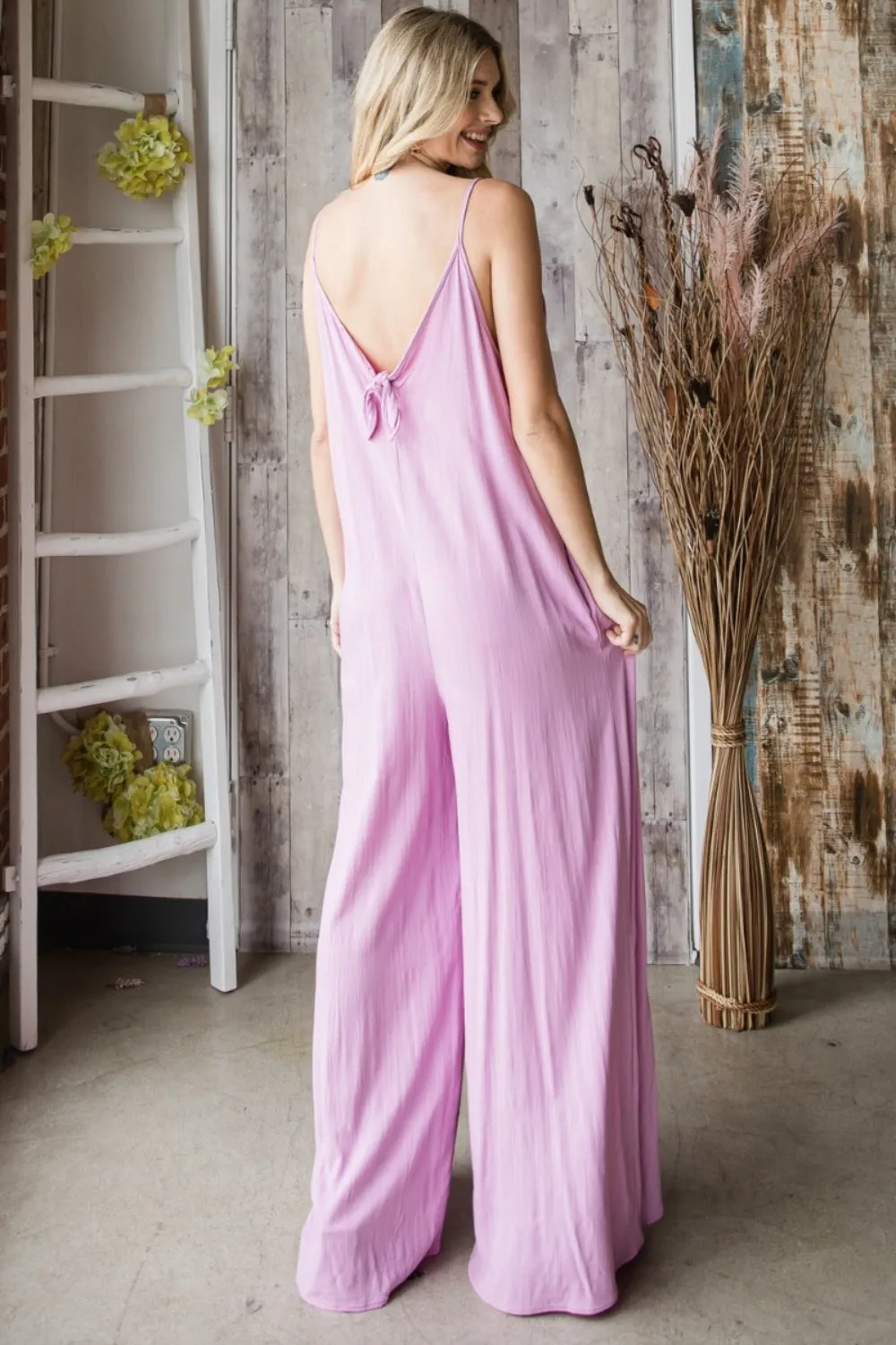 Pink Wide Leg Jumpsuit Boho Style Pocketed Spaghetti Strap V-Neck Sleeveless Pants Romper