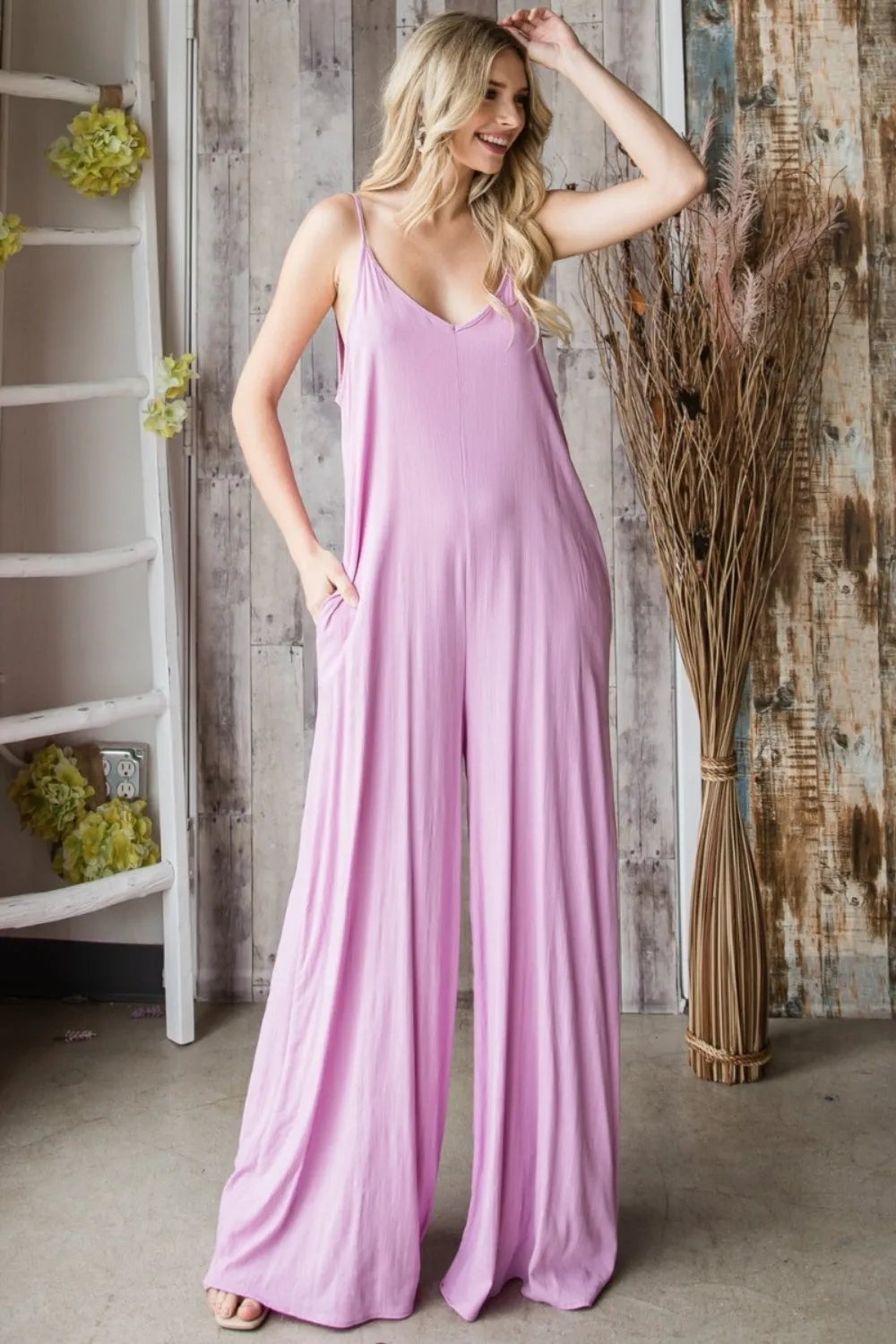 Pink Wide Leg Jumpsuit Boho Style Pocketed Spaghetti Strap V-Neck Sleeveless Pants Romper