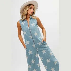 Star Print Half Zip Sleeveless Denim Jumpsuit