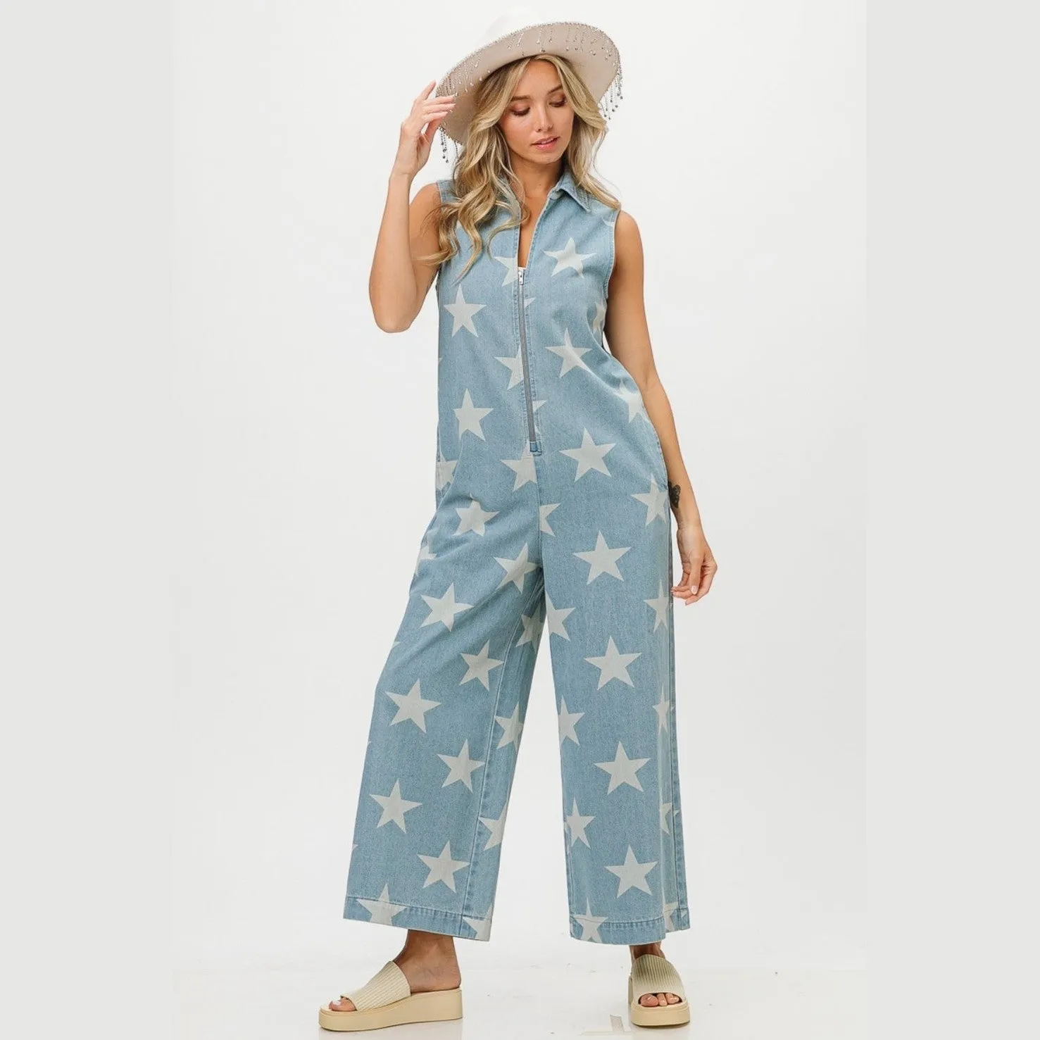 Star Print Half Zip Sleeveless Denim Jumpsuit