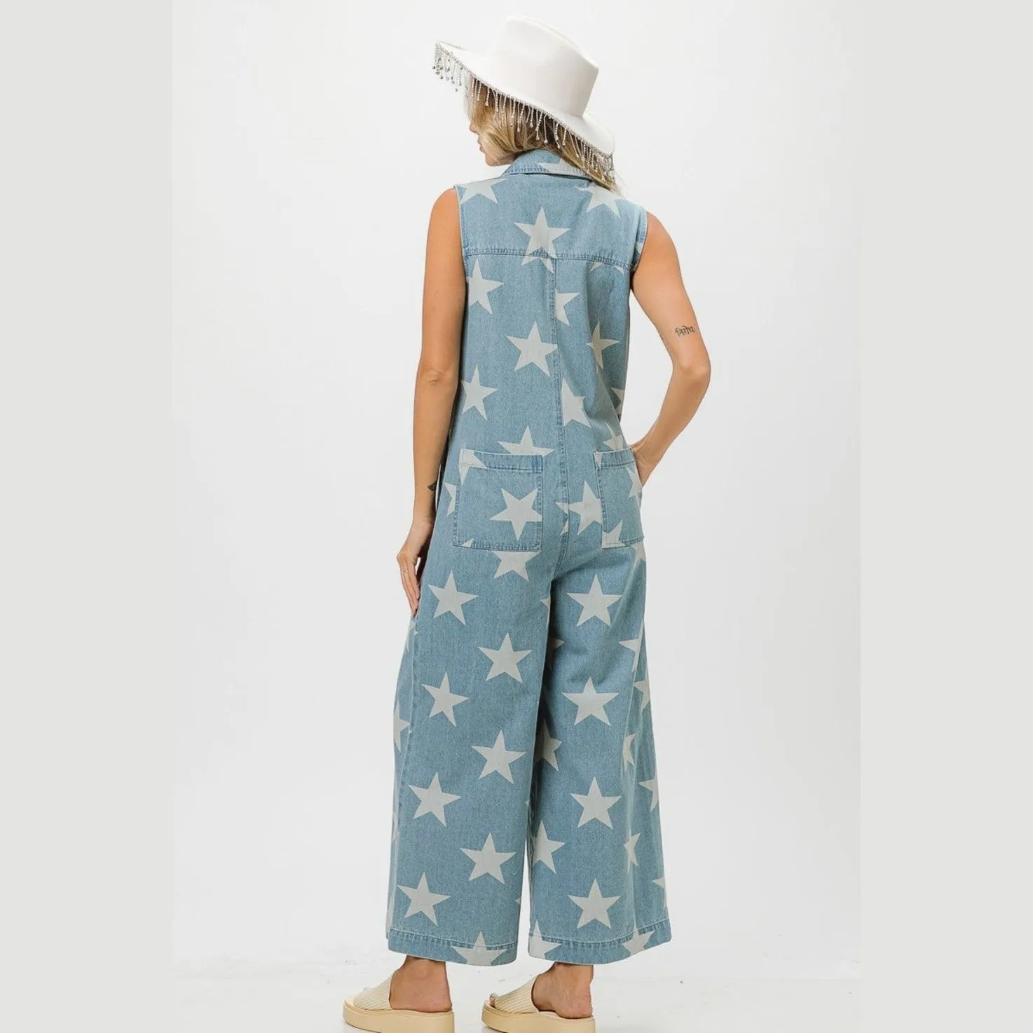 Star Print Half Zip Sleeveless Denim Jumpsuit