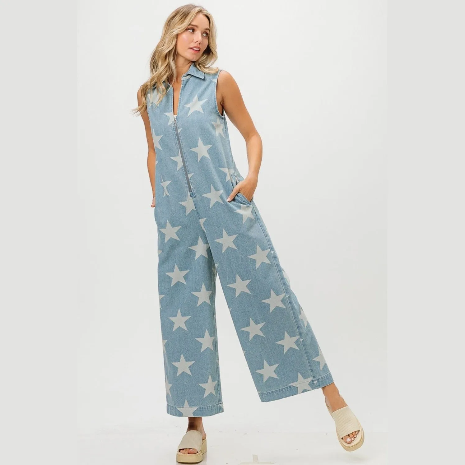 Star Print Half Zip Sleeveless Denim Jumpsuit