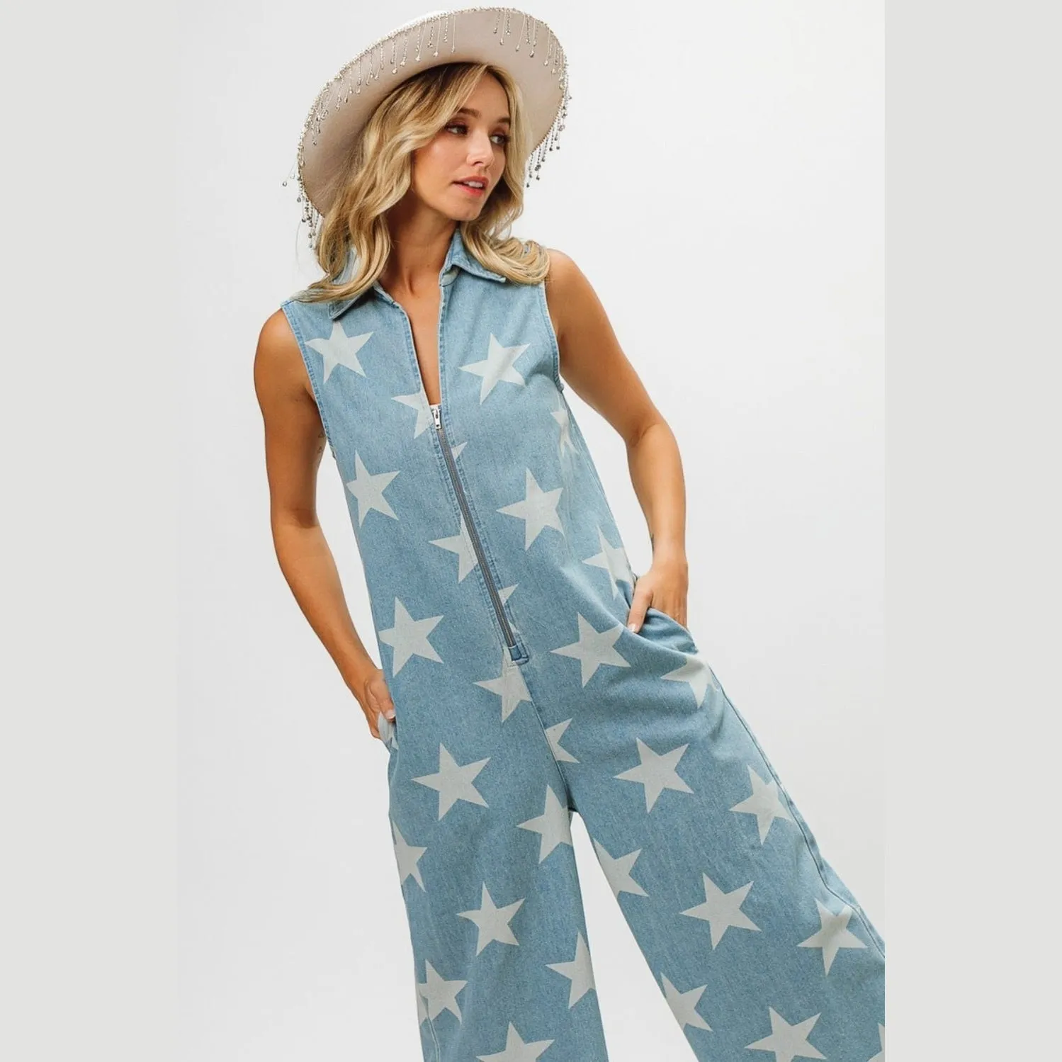 Star Print Half Zip Sleeveless Denim Jumpsuit