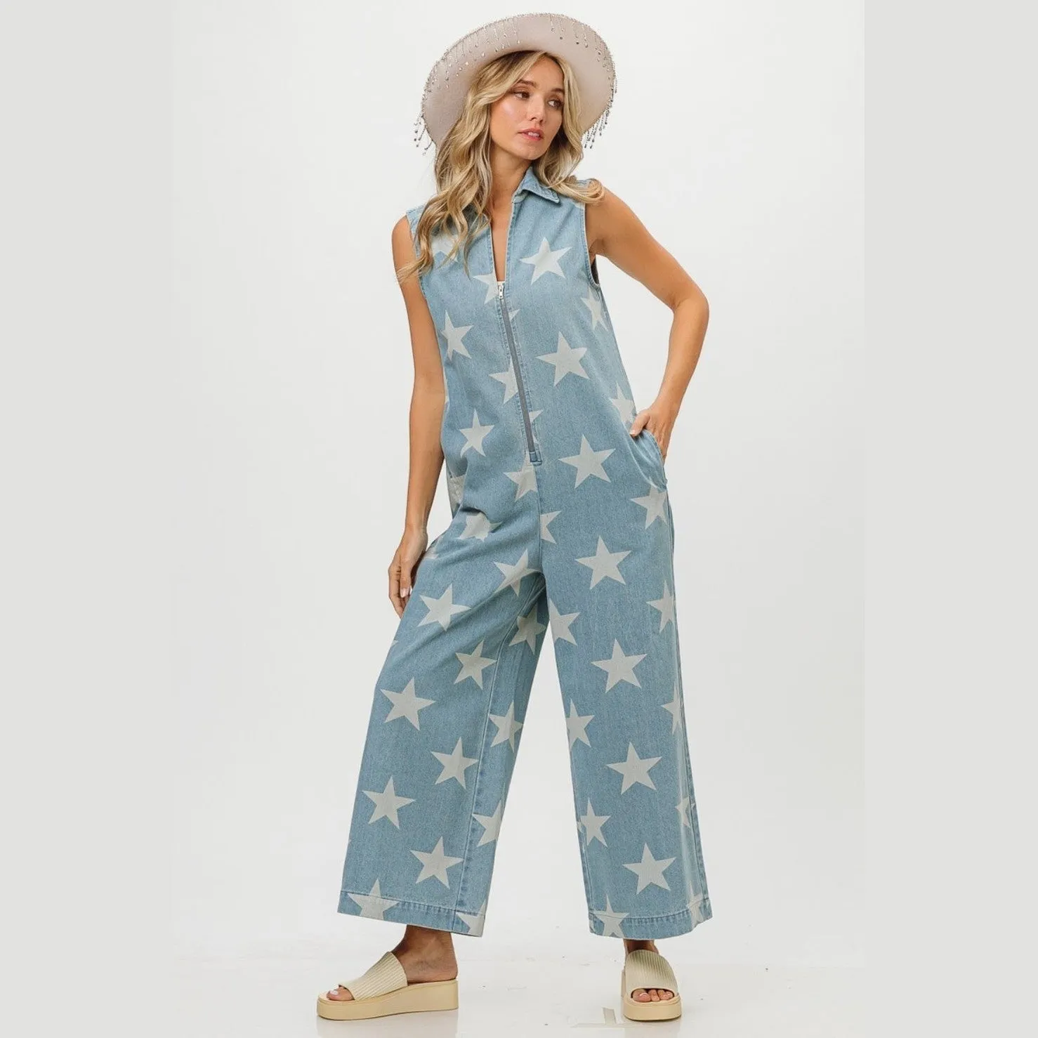 Star Print Half Zip Sleeveless Denim Jumpsuit