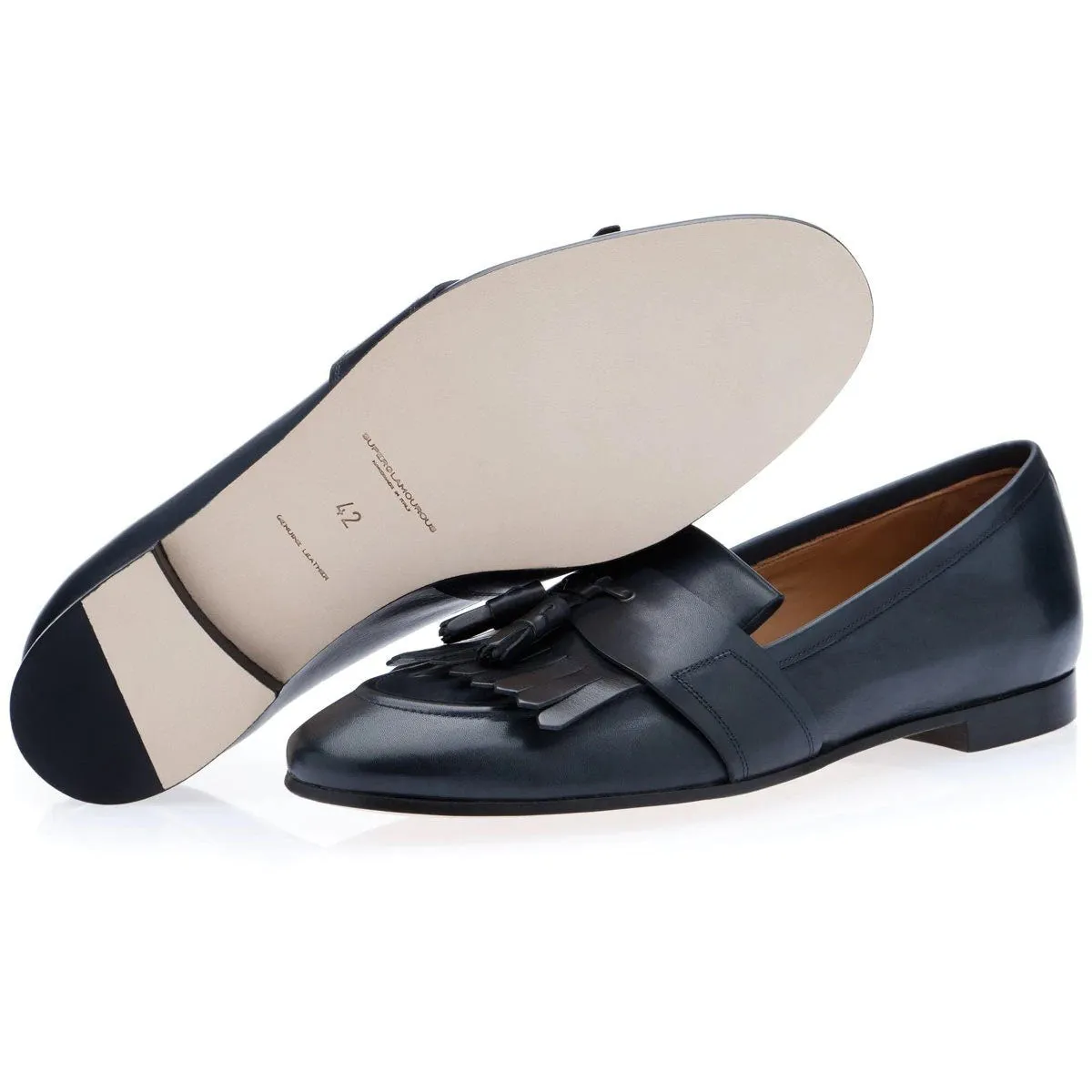 SUPERGLAMOUROUS Romeo Toledo Men's Shoes Navy Calf-Skin Leather Tassels Loafers (SPGM1053)