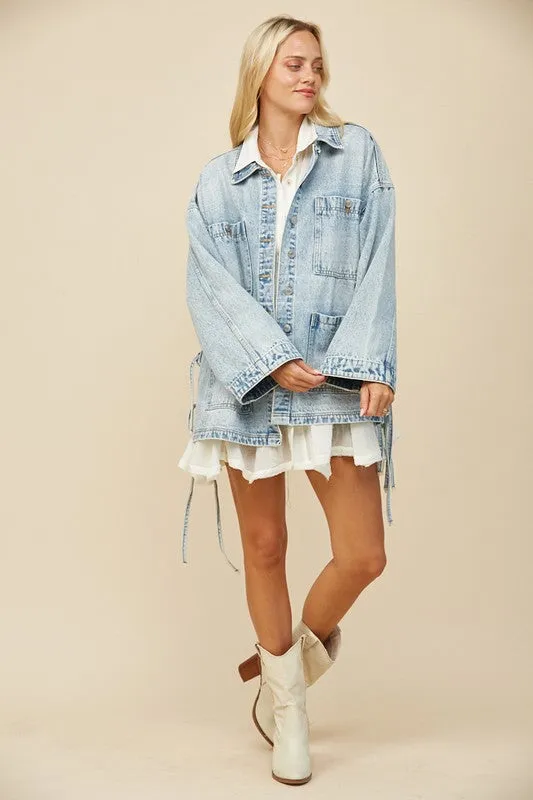 Wisteria Lane OVERSIZED Denim Jacket with Side Ties in Light Denim