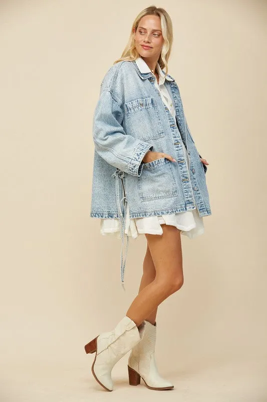 Wisteria Lane OVERSIZED Denim Jacket with Side Ties in Light Denim
