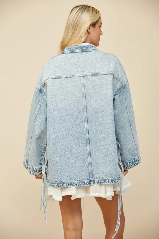 Wisteria Lane OVERSIZED Denim Jacket with Side Ties in Light Denim
