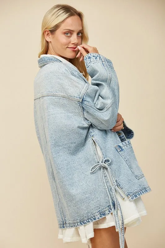 Wisteria Lane OVERSIZED Denim Jacket with Side Ties in Light Denim