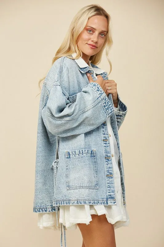 Wisteria Lane OVERSIZED Denim Jacket with Side Ties in Light Denim