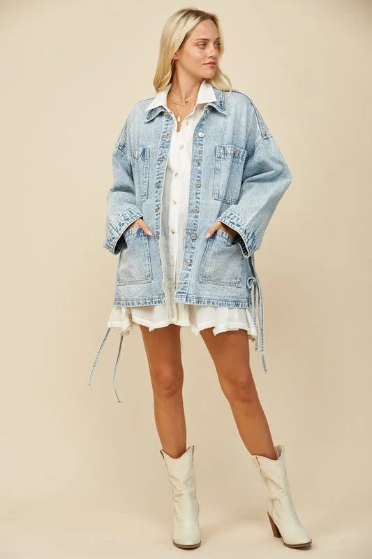 Wisteria Lane OVERSIZED Denim Jacket with Side Ties in Light Denim