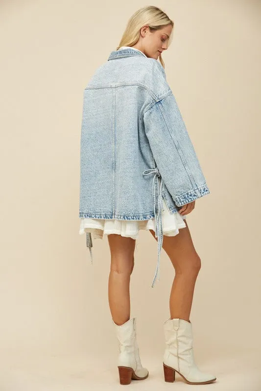 Wisteria Lane OVERSIZED Denim Jacket with Side Ties in Light Denim
