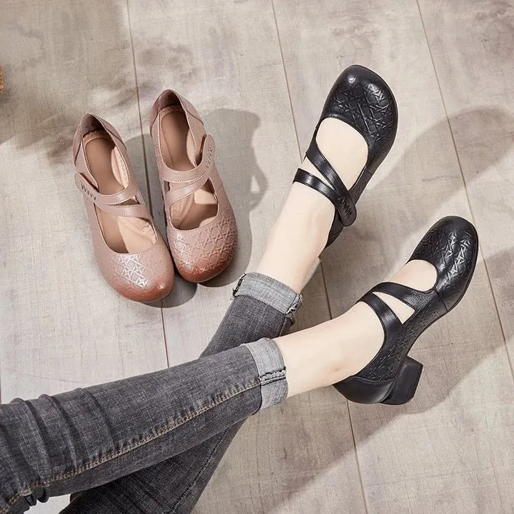 Women Medium Heel Shoes With Velcro Strap
